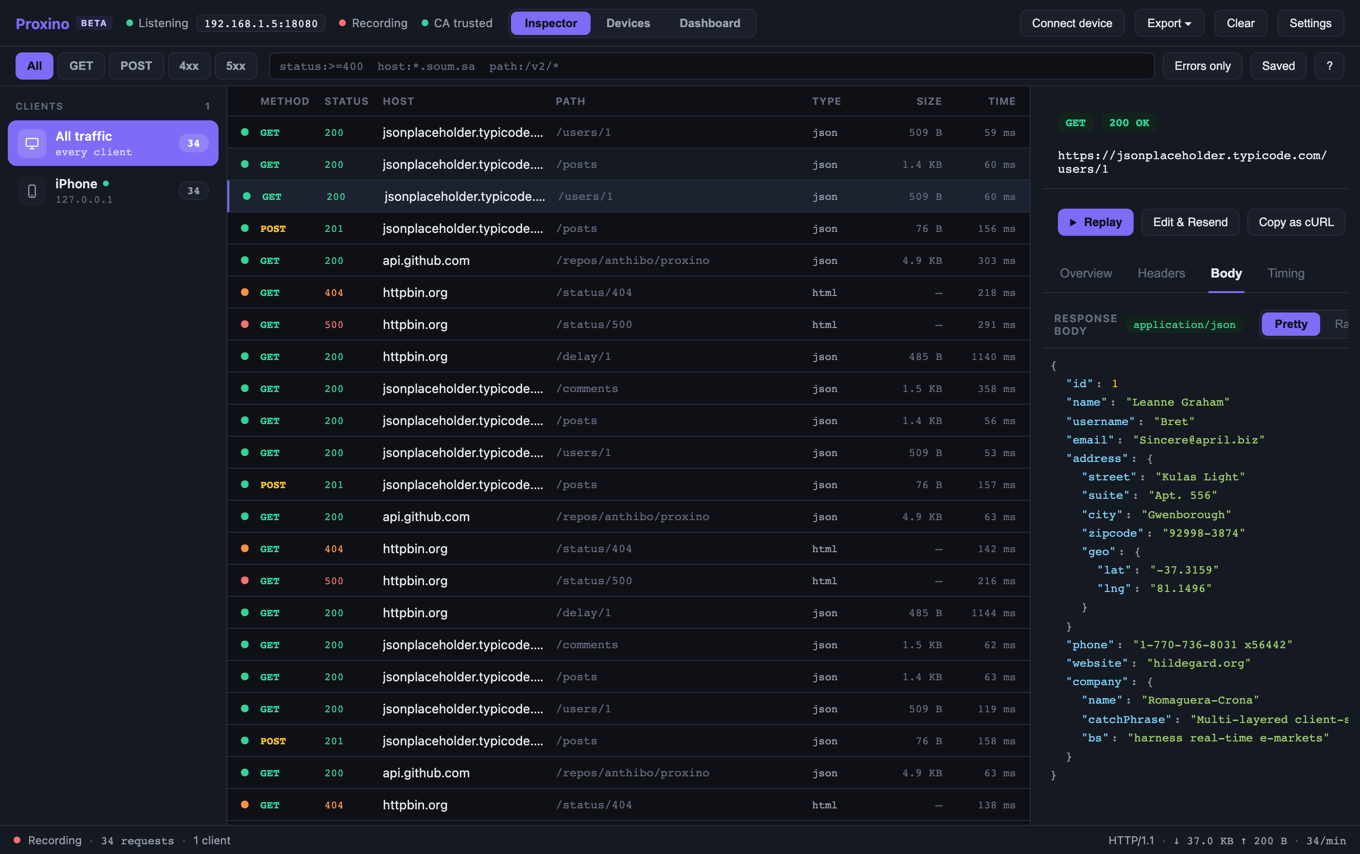 The Proxino inspector showing captured traffic grouped by client, with a JSON response body open in the detail pane.